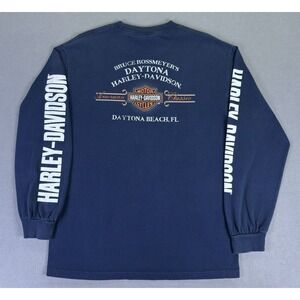 Harley Davidson Shirt Large Blue Long Sleeve Hit Daytona Beach Biker Chopper